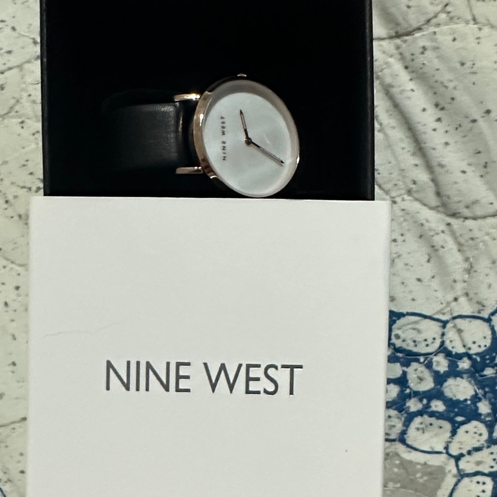 Nine West Black Leather Watch with White Dial
